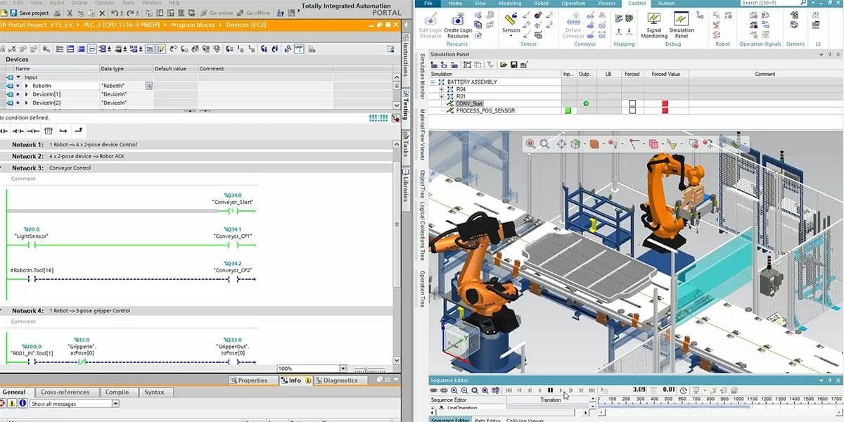 Siemens Process Simulate: a robotic battery-assembly cell in 3D beside its PLC ladder logic
